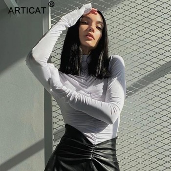  Turtleneck Ruched Bodysuit For Women Solid Long Sleeve Bodycon Jumpsuit Ladies Autumn Streetwear Sporty Silm Rompers